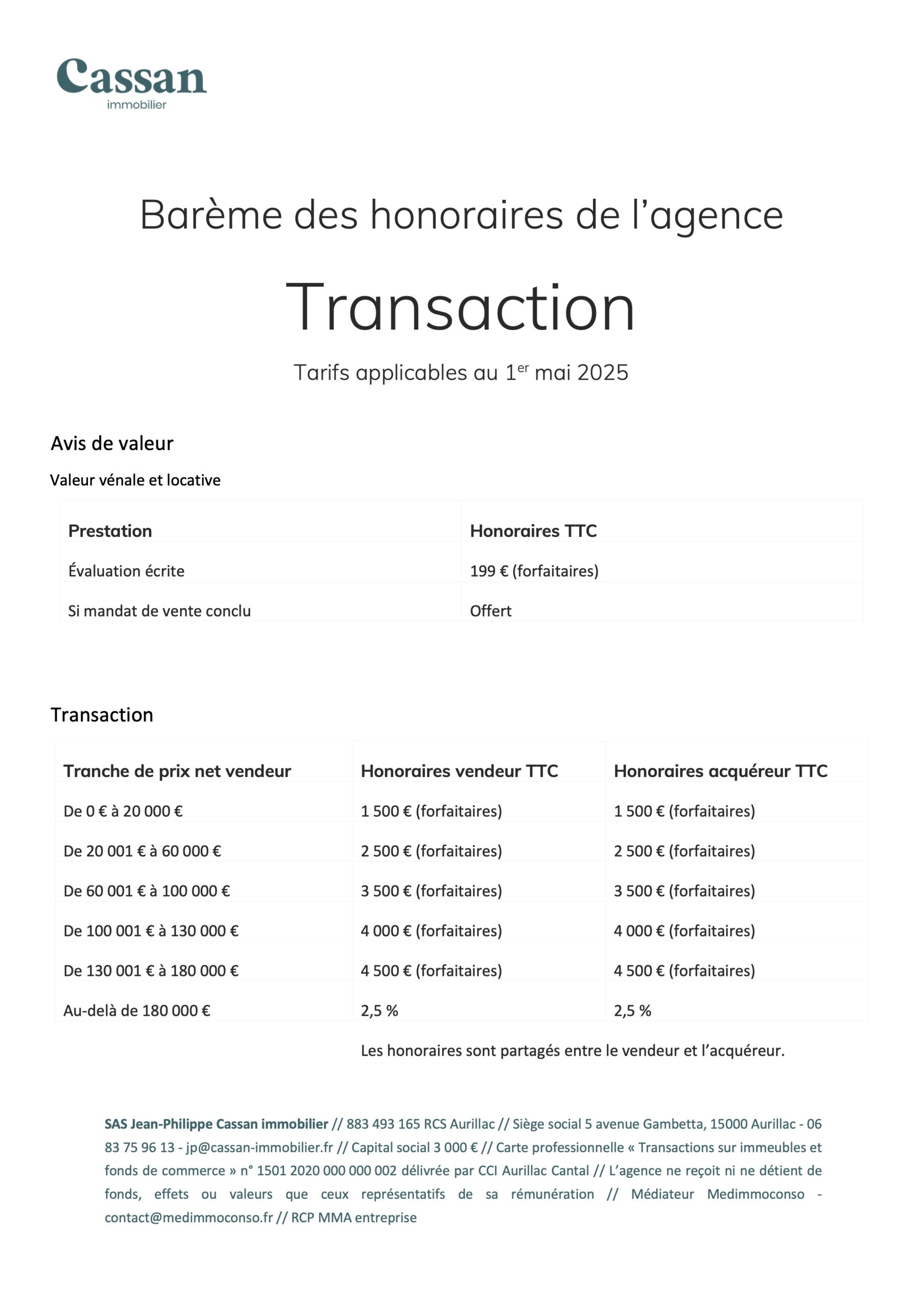 honoraires cassan immobilier agence immobiliere aurillac